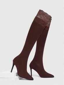 CUCCOO SZL Women's Contrast Lace Ribbed Elegant Pointed Toe Over-The-Knee High Heel Boots, Suitable For Daily Wear Valentine's Day - Chocolate Brown - View 3