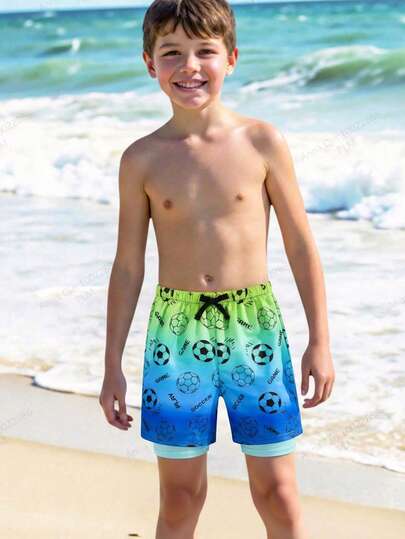 SHEIN 青少年男童休闲百搭舒适足球字母印花宽松拼接衬里泳裤沙滩裤