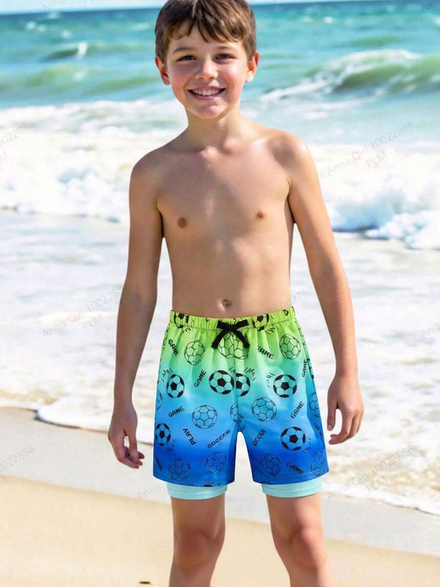 SHEIN Quần bơi/quần short đi biển dáng rộng, đa năng, thoải mái dành cho bé trai tuổi teen, họa tiết bóng đá và chữ cái. - Nhiều màu - Xem 1