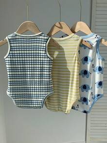 SHEIN 3pcs Newborn Baby Unisex Clothes, Cute Knitted Striped Cartoon Elephant Print Rompers, Summer Basic Bodysuit Outfit Set - Multicolor - View 2