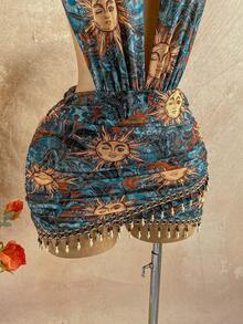 Soleia 女士性感复古图案网纱深V领串珠装饰紧身迷你连衣裙，适合节日派对、圣诞节、约会之夜、夜店、波西米亚风、度假、秋季等场合。 - 藍色 - 查看 4