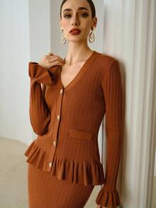 ZEYLAH 女士优雅高档毛衣半裙两件套 - 鏽棕色 - 查看 6