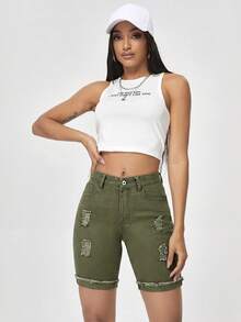 Flexra Women's Green Denim Biker Shorts Casual Zipper Distressed Short Shorts - Green - View 3