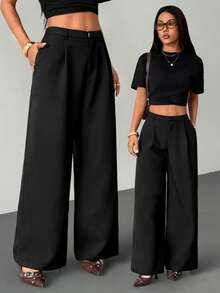 SHEIN PETITE 女士商务休闲裤 女士西式服装 女士阔腿裤 女士办公室服装 宽松裤 专业女士服装 办公室着装 灰色 - 黑色 - 查看 9