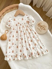 Baby Girl Cute Slouchy Cartoon Bear Pattern Ruffle Hem Knit Nightgown - Multicolor - View 2