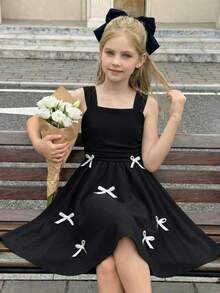 SHEIN 少女无袖宽肩带蝴蝶结装饰优雅连衣裙 - 黑色 - 查看 5