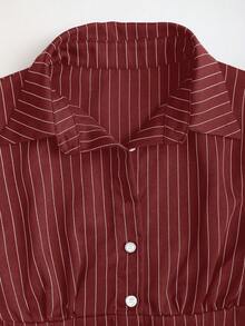Sweetra Fashionable Contrast Color Textured Button Fitted Waist Flattering Striped Collar Long Sleeve Blouse For Women - Red - View 4
