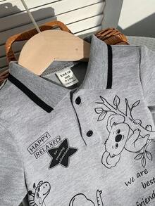 SHEIN 2件套新生儿男女宝宝可爱动物印花短袖连体衣和遮阳帽套装，春夏宝宝服装套装 - 灰色 - 查看 5