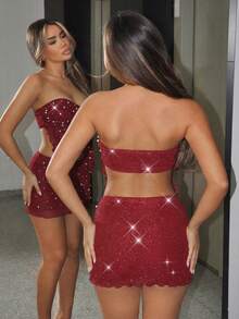 SHEIN ICON 女士性感手工串珠抹胸上衣和低腰迷你裙套装，适合夏季夜店派对穿着 - 紅色 - 查看 2