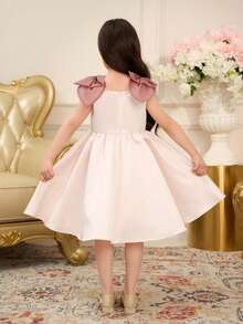 SHEIN 少女腮紅粉色無袖洋裝，優雅正式派對禮服，適合夏季、7歲生日、提花太陽裙配蝴蝶結裝飾、淡雅茶會 - 香檳色 - 查看 2