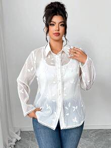 Elenzga 大码女式长袖衬衫，轻盈3D刺绣花卉蕾丝饰边，优雅休闲性感透视春夏百搭白色衬衫 - 杏色 - 查看 4