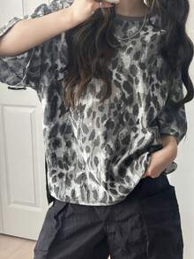 FRIFUL Women's Oversized Round Neck Short Sleeve Loose Leopard Floral Print T-Shirt - White - View 9