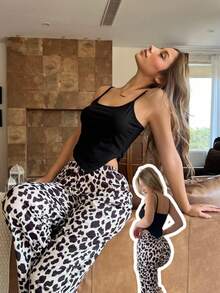 SHEIN 2pcs Sexy Asymmetrical Camisole & Wide Leg Pants Pajama Set, Cow Print - Multicolor - View 1