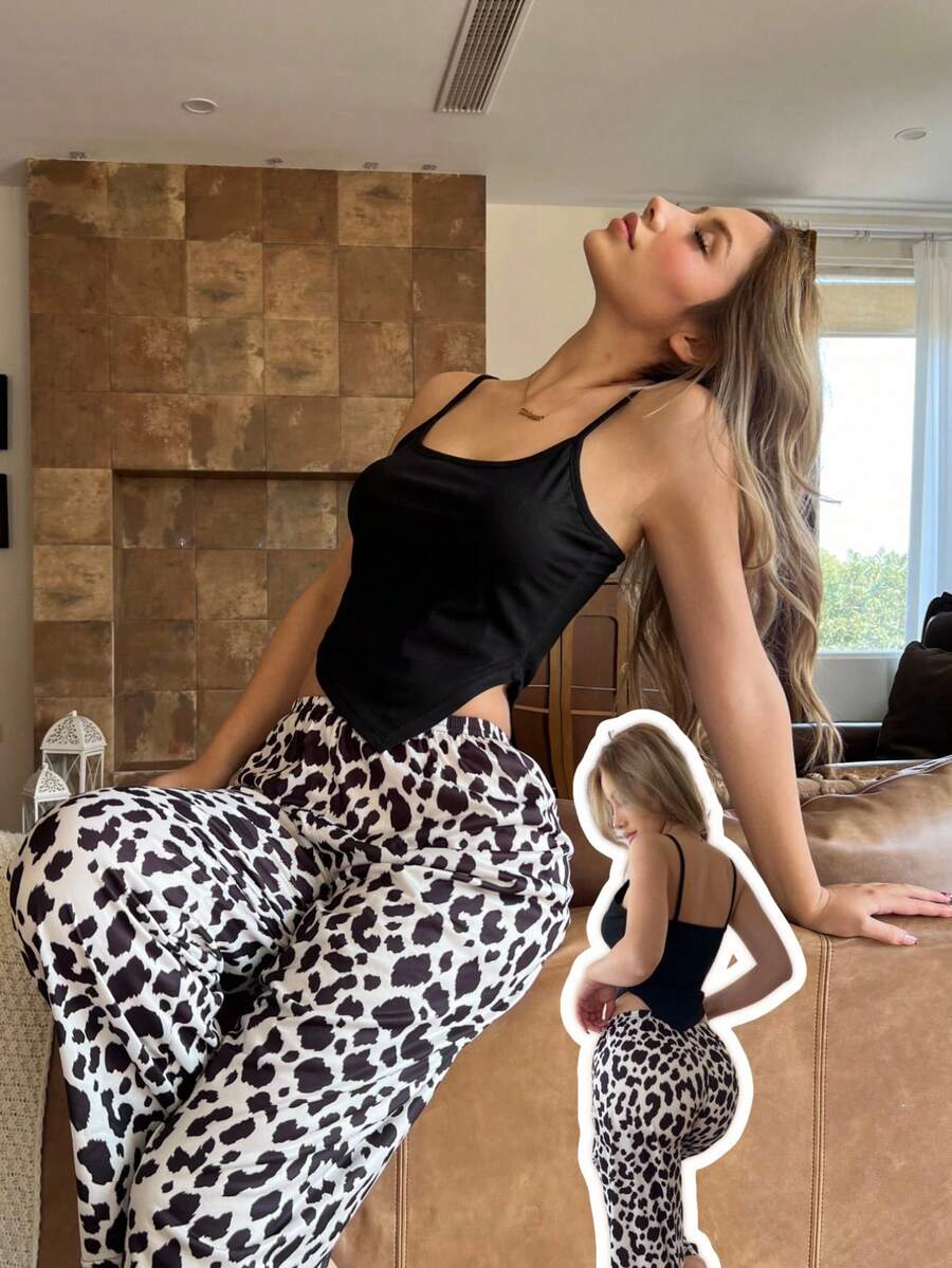 SHEIN 2pcs Sexy Asymmetrical Camisole & Wide Leg Pants Pajama Set, Cow Print - Multicolor - View 1