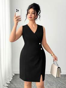 SHEIN Elenzya Đầm xẻ tà thanh lịch, tối giản, cỡ lớn dành cho mùa hè, với điểm nhấn là hàng cúc. - màu đen - Xem 4