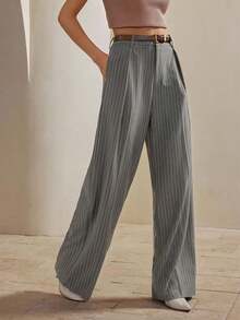 Anewsta Pantaloni a gamba dritta e ampia, stile urbano alla moda minimalista, a righe marroni Maillard, adatti per il pendolarismo, per le donne durante il Natale e il Capodanno - Grigio - Visualizzare 5