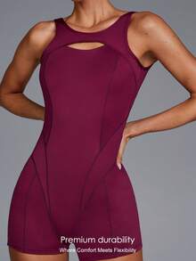 Menodora SHEIN Sport 女士纯色露背无袖连体衣 - 酒紅色 - 查看 5
