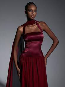 Elitara Elegant Minimalist Burgundy Spaghetti Strap A-Line Backless Formal Evening Gown With Detachable Belt - Burgundy - View 6