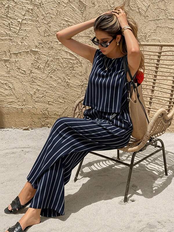 SHEIN Frenchy Women's Casual Striped Tank Top And Straight Leg Pants 2 Pieces Set, Summer