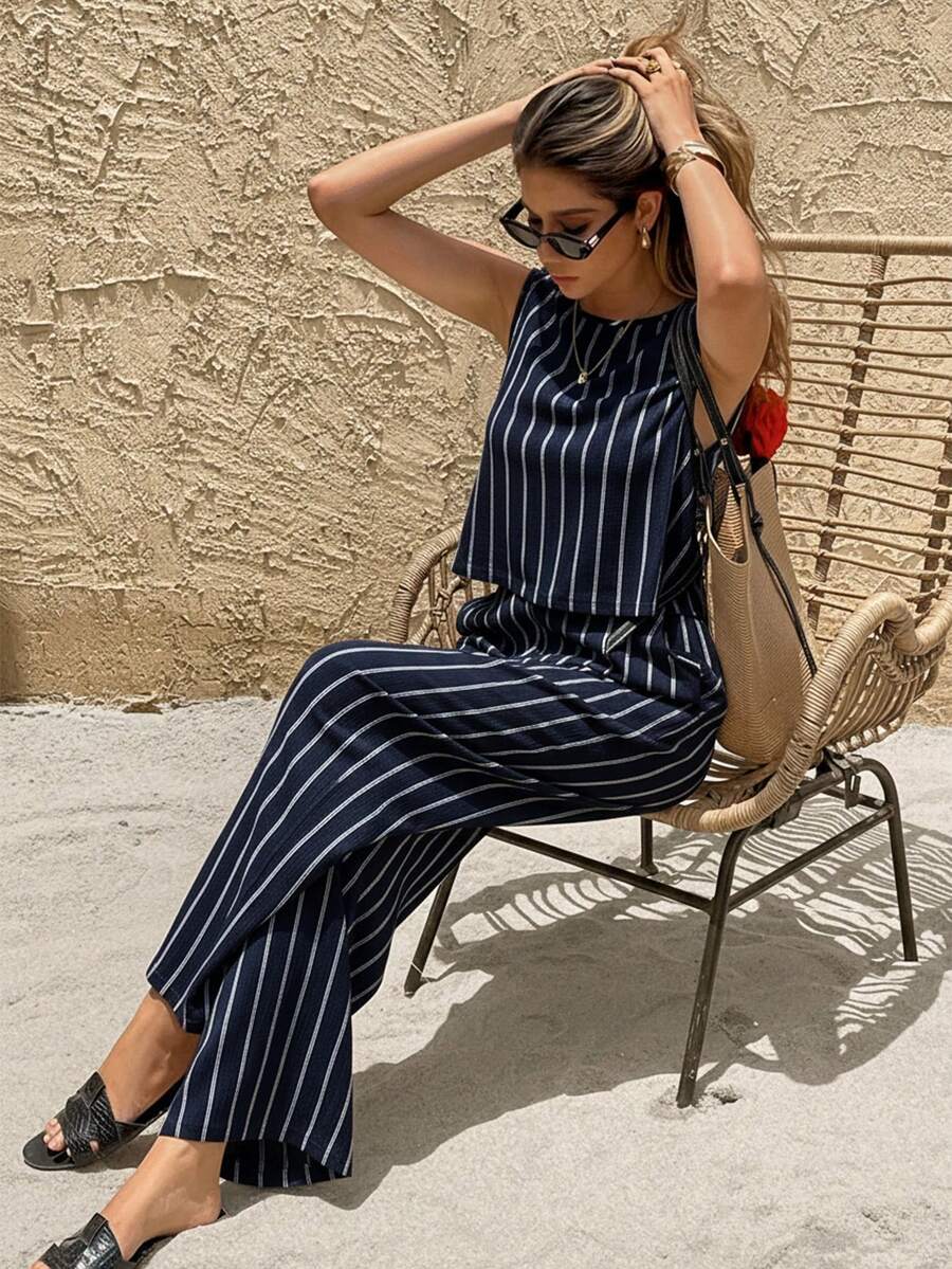 SHEIN Frenchy Women's Casual Striped Tank Top And Straight Leg Pants 2 Pieces Set, Summer - Navy Blue - View 1