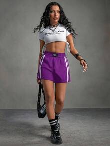 SHEIN Sports 女士弹力腰带休闲百搭日常户外运动短裤紫色运动短裤紫色短裤女士运动短裤 - 紫羅蘭色 - 查看 6
