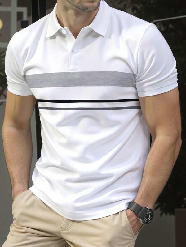 Manfinity Homme Plus Size Men's Striped Short Sleeve Casual Commuter Polo Shirt,Men Old Money,Daily Leisure, Weekend Trips, Outdoor Activities, Travel Expeditions, Relaxed Work Environments Or Semi-Formal Occasions, Boyfriend/Husband Gift, Anniversary /Birthday Gift Party Summer Vacation Holiday,Wedding,Spring To Summer,Easter,Men's Classic White Polo Shirt With Grey And Black Striped Design Short Sleeve Button Down Collar For Casual Wear,Mens Golf Polo Shirt