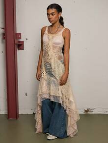 COUREZ 不对称蕾丝吊带长裙 / Y2K 冬季女装外出穿搭黑色连衣裙女式派对礼服圣诞节新年性感优雅 - 奶油色 - 查看 7