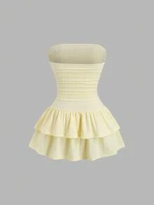 Sweetra Đầm ngắn mùa hè mới, chất liệu jacquard, thanh lịch, thích hợp mặc đi làm, đi nghỉ mát, đi chơi hàng ngày, xếp tầng, không dây vai, eo thon, màu vàng. - Màu vàng - Xem 2