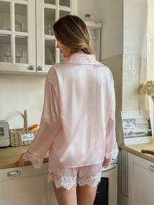 Women's Fashion Satin Lapel Cardigan With Pockets & Lace Trim Shorts Pajama Set - Baby Pink - View 2