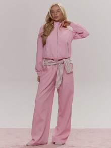 MUSERA High Neck Zip Through Waffle Jacket Coord Top Only Cute Girly Sexy Spring  Going Out Daily Sugar Swizzle Summer - Baby Pink - View 5