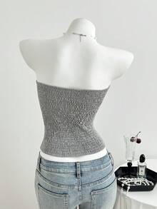 Elamini 女士夏季休闲黑色格子拼接蕾丝边修身抹胸上衣 - 灰色 - 查看 2