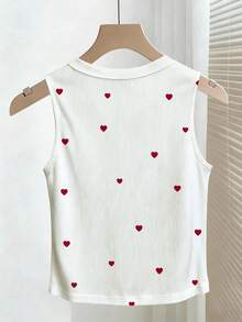 Franclia Elegant Fitted Round Neck Beaded Heart Ribbed Casual Tank Top For Women - White - View 2