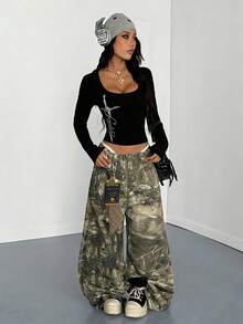 StreetHx 女士收腰修身白色长袖T恤，波浪字体印花，街头风Y2K复古图案，秋冬款 - 黑色 - 查看 3