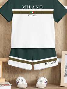 SHEIN Conjunto de camiseta infantil para bebê, modelo casual minimalista clássico, estilo universitário/esportivo, com cores contrastantes, modelagem solta e confortável, ideal para o verão. - Multicolorido - View 5