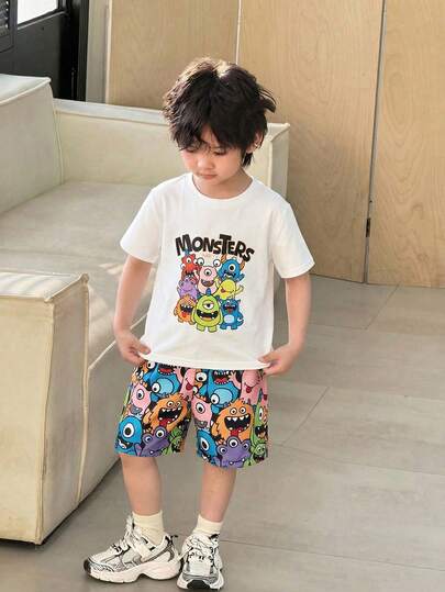 SHEIN Little Byeori 2 piezas Conjunto de camiseta de punto de manga corta y cuello redondo de ajuste holgado de unicolor, y pantalones cortos de tejido holgado para niños, con estampado de árbol de coco, adecuado para la escuela, el jardín, la playa, el cumpleaños, primavera, verano, otoño, invierno