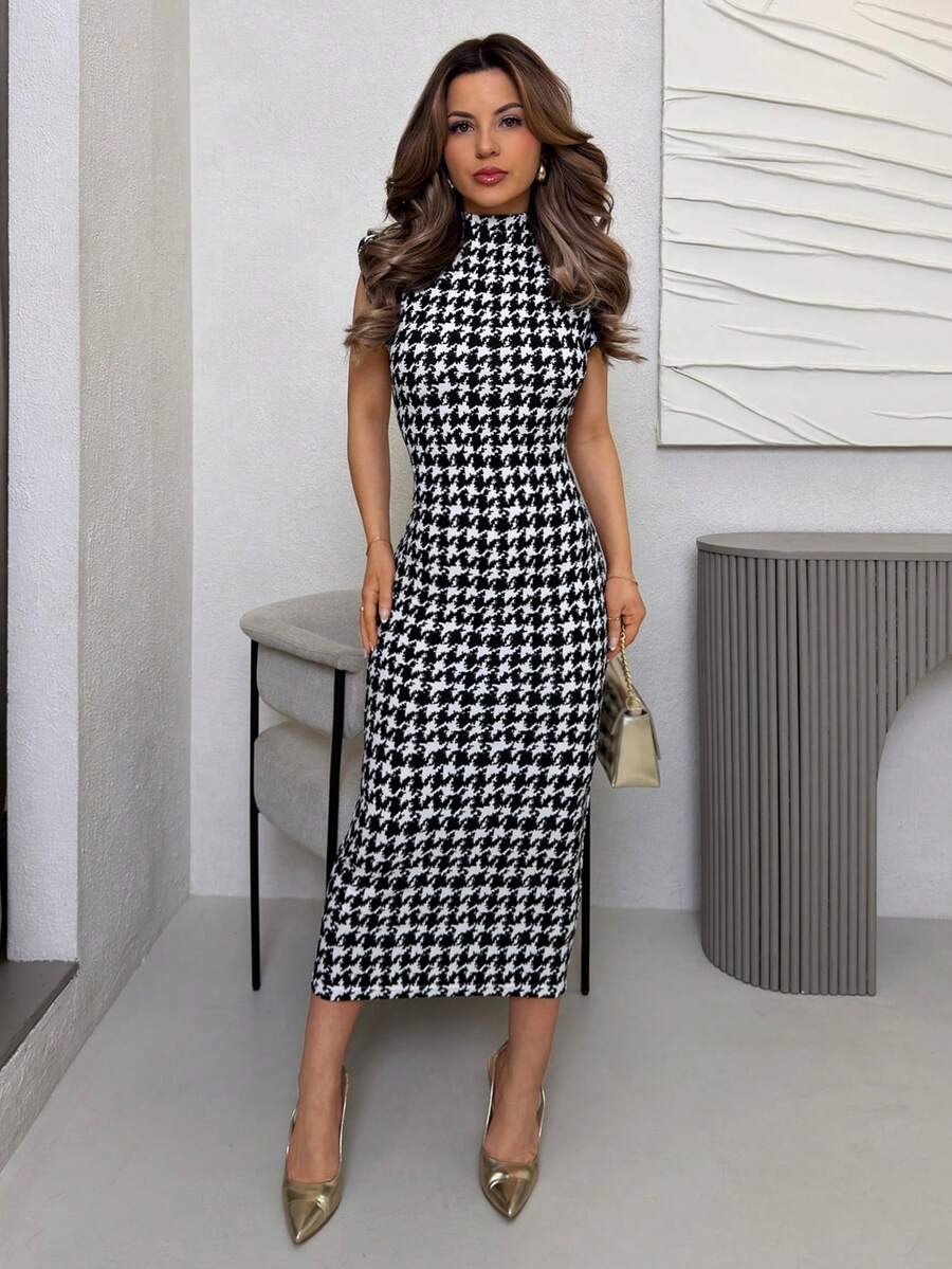 Jemour Colorblock Bodycon Dress Party Evening Dress - Black and White - View 1