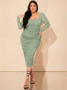 SHEIN BAE Vestido largo elegante y cómodo de talla grande con mangas de cordero negro, cuello cuadrado y detalles de malla para el otoño - verde menta - Ver 6