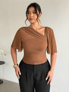 Firerie Plus Size Women Summer Minimalist Ruched Asymmetrical Shoulder Tight Top - Brown - View 4