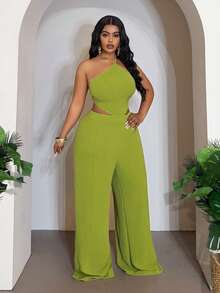 Slaydiva Plus Size Women Elegant Olive Green Summer Classy Night Out Club Halter Neck Hollow Out Wide Leg Pants Set, Sleeveless Tie-Knot Two Piece Outfit - Green - View 5