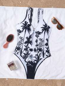 Swim Chiccia Áo tắm liền thân hở lưng in hình cây dừa nhiệt đới dành cho nữ, dây đeo vai có thể điều chỉnh, tôn dáng, thích hợp cho kỳ nghỉ biển và mùa hè. - Nhiều màu - Xem 4