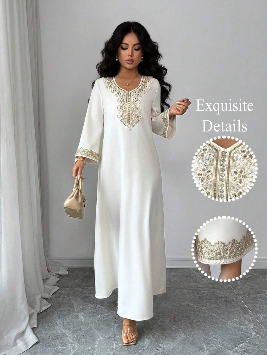 Elenzga Đầm dài tay xẻ tà thanh lịch dành cho nữ, phối nhiều dải ruy băng, thích hợp cho mùa xuân/hè. - Màu be - Xem 1