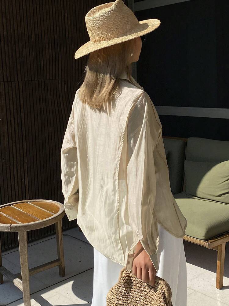 Women's Loose Fit Solid Color Turndown Collar Long Sleeve Sun Protection Casual Blouse, Spring/Autumn