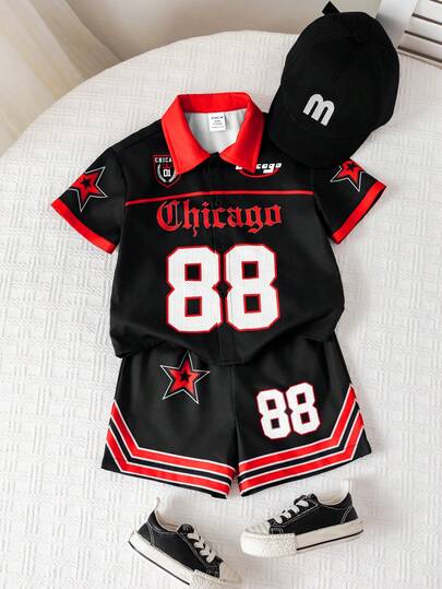 SHEIN Set de 2 piezas de camisa de manga corta y pantalones cortos de moda casual unisex para bebé niño/niña, ropa de primavera/verano para bebé niño, conjuntos, ropa urbana, estilo hip-hop