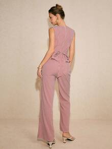 Poéselle Red Gingham Plaid Two Piece Set, Sleeveless Peplum Top And High Waist Flared Pants, Elegant Matching Suit Spring Summer Outfit For Women,Women's Summer Fashion Plaid Camisole & Pants 2 Pieces Set,French-Style 2 Pieces Set,2026 New Arrival - Multicolor - View 9