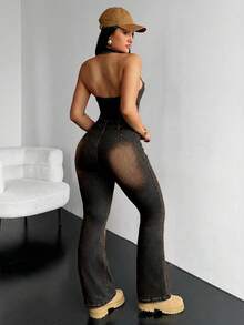 SHEIN ICON Bộ jumpsuit denim không tay, hở lưng, ôm sát, có khóa kéo, thời trang dành cho nữ. - màu đen - Xem 2