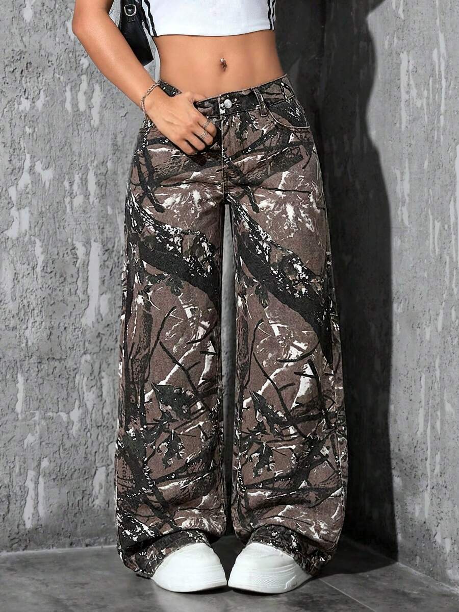 SHEIN PETITE Women's All-Over Print Slant Pocket Casual Wide Leg Jeans - Multicolor - View 1