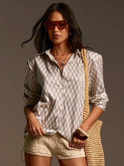 Athîral 女士格子翻领单排扣休闲百搭通勤长袖衬衫