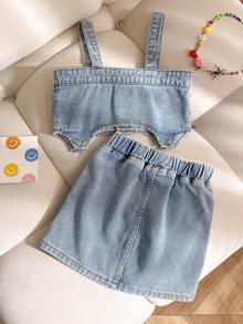 女童（小号）牛仔套装，2件套，不对称下摆牛仔背心上衣和裙子 - 藍色 - 查看 2
