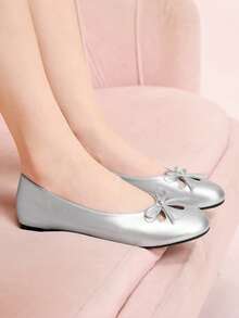 CUCCOO DOLLMOD French Round Head Soft Sole Hollow Ballet Shoes Women's Fashion Women Wear One Pedal Comfortable Soft Sole Low Vamp Temperament Velvet Versatile Flat Sole Shoe Valentine's Day - Silver - View 4