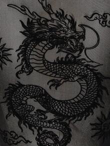 SHEIN ICON 女士时尚性感龙纹网纱拼接T恤，夏季 - 黑色 - 查看 11